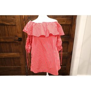 Style Rack Women Shirt Small Red White Stripe Off the Shoulder 3/4 Sleeve Blouse